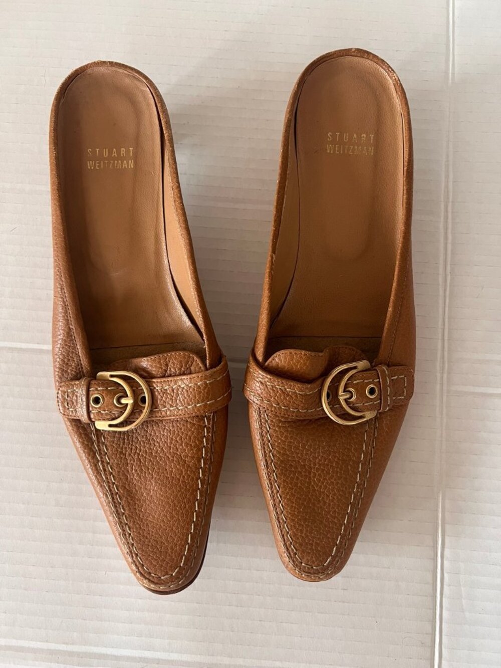 STUART WEITZMAN OPEN SLIDE MULE KITTEN HEEL BUCKLE LEATHER SHOES SIZE 7